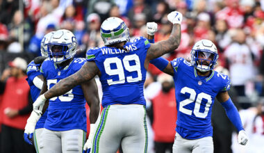 Seattle Seahawks Leonard Williams Julian Love celebrate 2024...