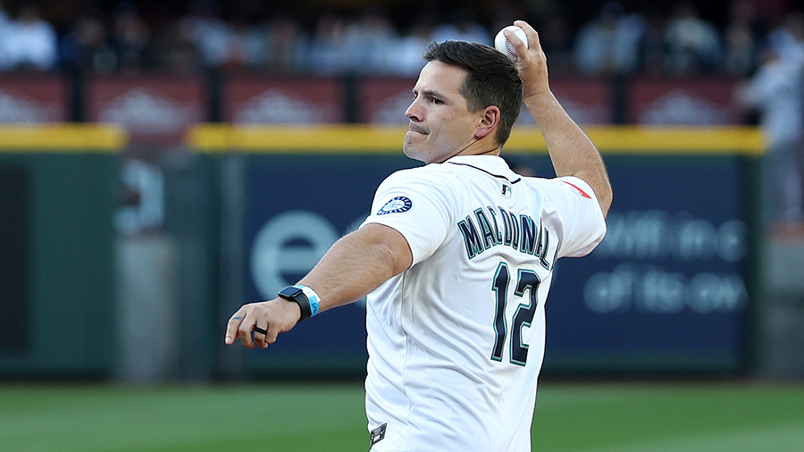 Seattle Seahawks Mike Macdonald first pitch Seattle Mariners 2025...