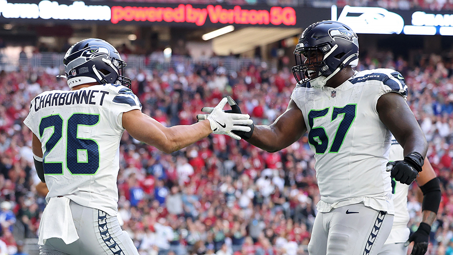 Seattle Seahawks Zach Charbonnet Charles Cross TD celebration Arizona Cardinals 2024...