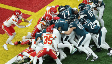 Seattle Seahawks tush push stance Philadelphia Eagles Super Bowl 2025...