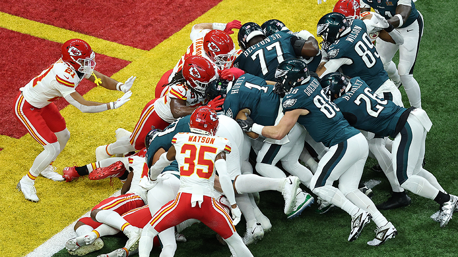 Seattle Seahawks tush push stance Philadelphia Eagles Super Bowl 2025...