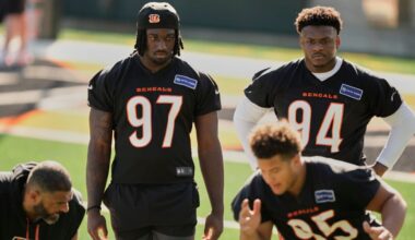 Cincinnati Bengals defensive end Shemar Stewart (97) and defensive tackle Eric Gregory (94) observe as defensive tackle Howard Cross III (95) runs a drill with Jerry Montgomery, defensive line and run game coordinator, lower left, during the NFL football team's rookie minicamp on Friday, May 9, 2025, in Cincinnati.