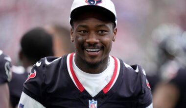 Houston Texans wide receiver Stefon Diggs walks along the sideline watchig play against the New York Giants in the second half of a preseason NFL football game, Saturday, Aug. 17, 2024, in Houston. (AP Photo/Eric Christian Smith)