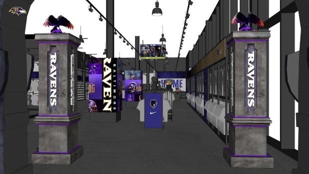 Renderings of the Northeast Retail & Hospitality Village at M&T Bank Stadium. The east structure will feature a 6,600 square foot retail space with a second-floor hospitality area. The store will be an immersive shopping experience for Ravens fans on both gameday and non-gamedays. Open year-round, the store will feature RFID self-checkout, a unique Nike feature display and a jersey customization shop. (Scheduled Completion: 2025)