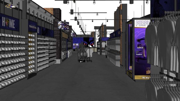 Renderings of the Northeast Retail & Hospitality Village at M&T Bank Stadium. The east structure will feature a 6,600 square foot retail space with a second-floor hospitality area. The store will be an immersive shopping experience for Ravens fans on both gameday and non-gamedays. Open year-round, the store will feature RFID self-checkout, a unique Nike feature display and a jersey customization shop. (Scheduled Completion: 2025)
