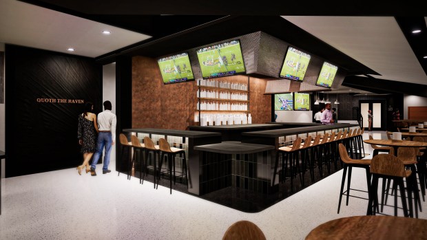 Rendering of The Raven, one of the three new club memberships being offered to PSL owners. Situated near the 50-yard line and underneath the lower level, The Raven is located on the north side of M&T Bank Stadium and provides an elevated club experience. The space will feature thematic touches related to the team's namesake, the poem "The Raven."