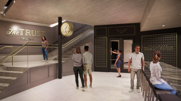Rendering of The Trust, presented by M&T Bank. The Trust, one of the three new club memberships being offered to PSL owners is located on the south side of M&T Bank Stadium, is an ultra-premium, lower concourse club that offers unique team access, including views of the Ravens' player tunnel at the 50-yard line and the post-game press conference room. The space encapsulates a lounge-like atmosphere with design elements reminiscent of early 1900s Baltimore banks.
