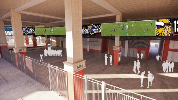 Renderings of new stadium video displays highlighted by a 216-foot video display at Gate A, wider than RavensVision. M&T Bank Stadium will add 29 new displays totaling over 6,500 square feet and more than 75 million pixels.nOver 100 televisions will also be replaced with larger screens. (Scheduled Completion: 2025)