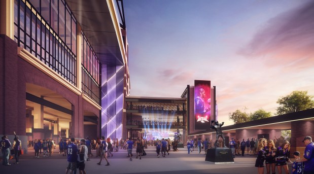 Renderings of new stadium video displays highlighted by a 216-foot video display at Gate A, wider than RavensVision, M&T Bank Stadium will add 29 new displays totaling over 6,500 square feet and more than 75 million pixels. (Additional upgrades scheduled for 2026 will increase the display totals to 12,000 square feet and 111 million total pixels.) Over 100 televisions will also be replaced with larger screens. (Scheduled Completion: 2025)