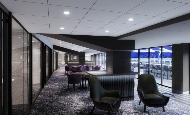 Renderings of the Legends Suites in the West End Zone. Suite holders can take in the game from two rows of seating directly on the field in the west end zone of M&T Bank Stadium. Guests will have access to both a private suite area and to a members-only social area outfitted with bar and food service stations before, during and after the game. The space will also feature a sushi bar. (Scheduled Completion: 2025)