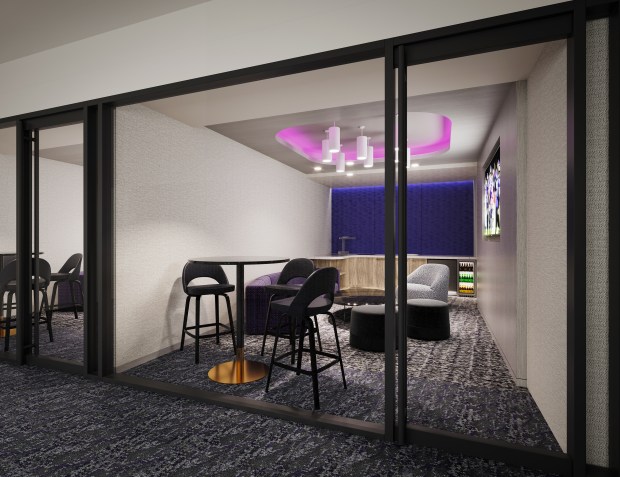 Renderings of the Legends Suites in the West End Zone as part of the phase 2 renovations to M&T Bank Stadium. Suite holders can take in the game from two rows of seating directly on the field in the west end zone of M&T Bank Stadium. Guests will have access to both a private suite area and to a members-only social area outfitted with bar and food service stations before, during and after the game. The space will also feature a sushi bar. (Scheduled Completion: 2025)