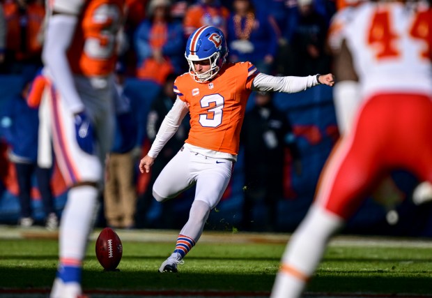 Wil Lutz (3) of the Denver Broncos kicks off to the Kansas City Chiefs during the first quarter at Empower Field at Mile High on Sunday, Jan. 5, 2025. (Photo by AAron Ontiveroz/The Denver Post)