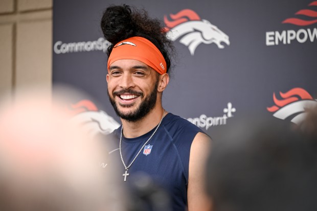 Talanoa Hufanga (9) of the Denver Broncos speaks during OTAs at Broncos Park in Centennial on Thursday, May 29, 2024. (Photo by AAron Ontiveroz/The Denver Post)