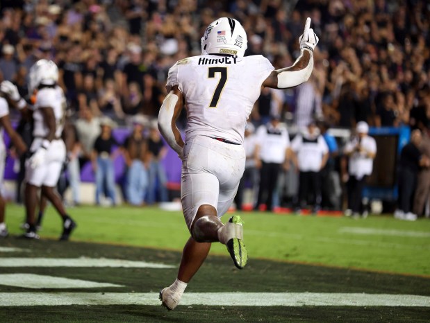 Central Florida running back RJ Harvey (7) celebrates the two-point conversion against TCU in the fourth quarter in an NCAA college football game Saturday, Sept. 14, 2024, in Fort Worth, Texas. (AP Photo/Richard W. Rodriguez)