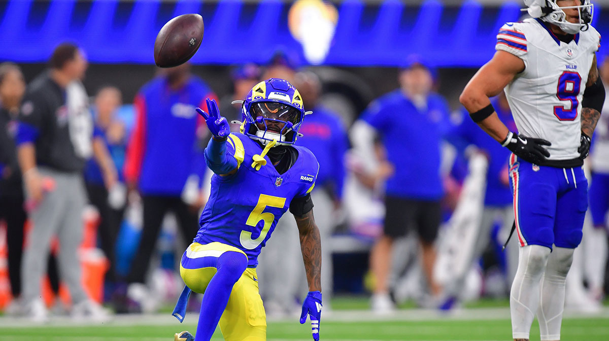 Los Angeles Rams wide receiver Tutu Atwell (5) reacts after catching a pass for first down against the Buffalo Bills during the second half at SoFi Stadium.
