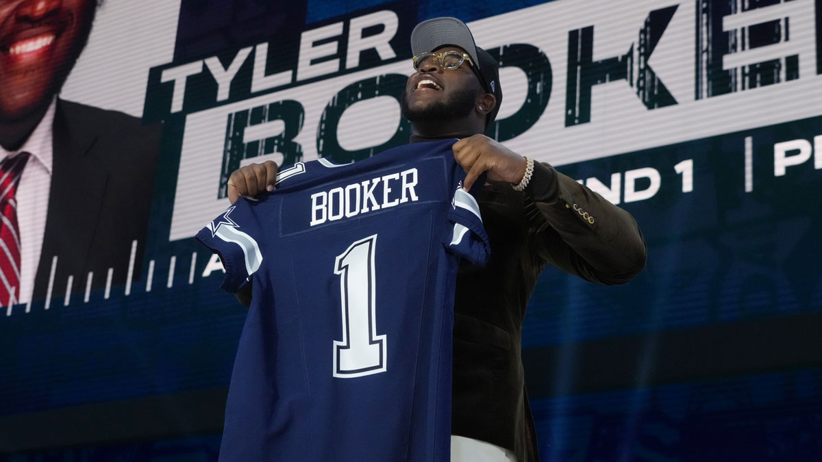 Alabama Crimson Tide offensive lineman Tyler Booker is selected by the Dallas Cowboys as the number twelve pick in the first round of the 2025 NFL Draft at Lambeau Field.