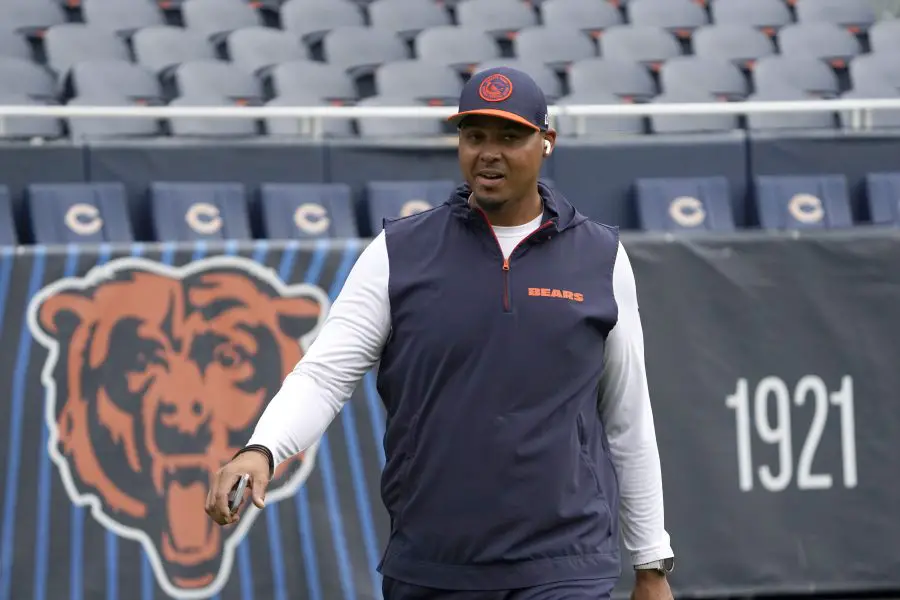 Chicago Bears general manager Ryan Poles on the field before the game between the Chicago Bears and the Cincinnati Bengals at Soldier Field.