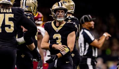 New Orleans Saints quarterback Jake Haener (3) looks on against the Washington Commanders during the first half at Caesars Superdome.