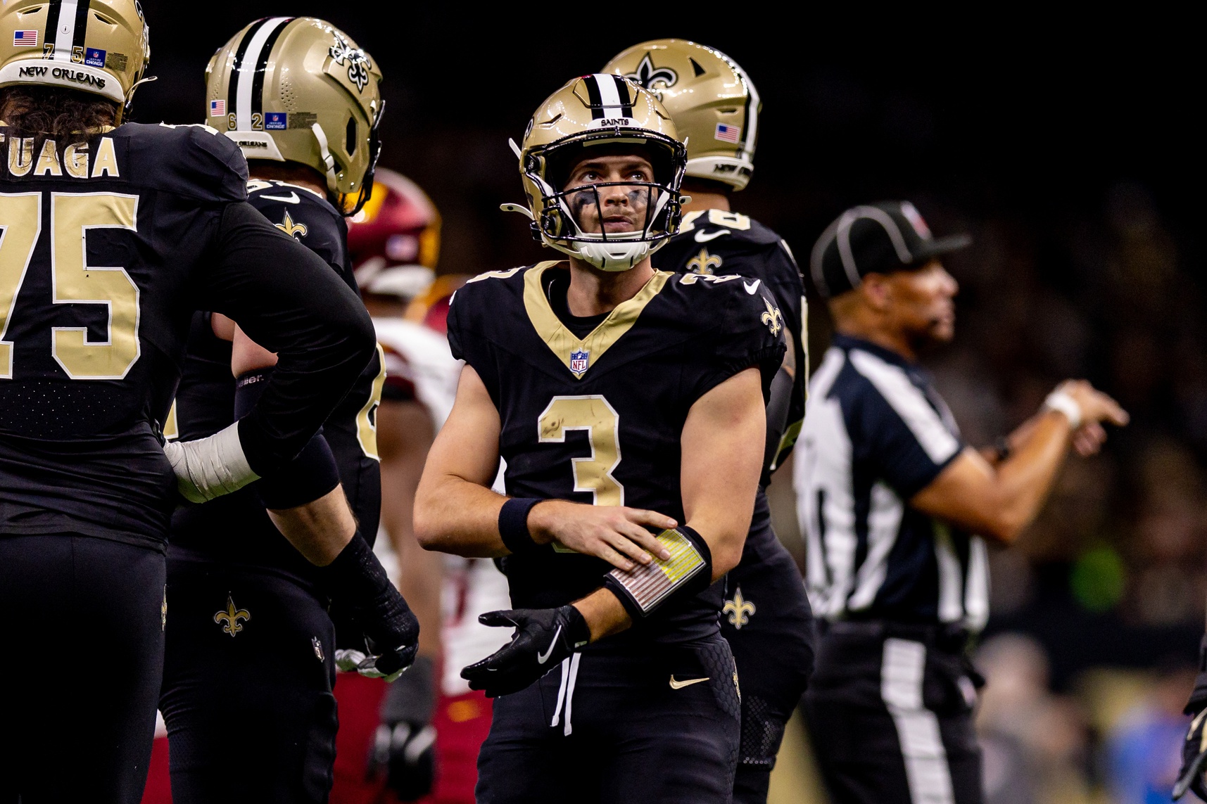New Orleans Saints quarterback Jake Haener (3) looks on against the Washington Commanders during the first half at Caesars Superdome.
