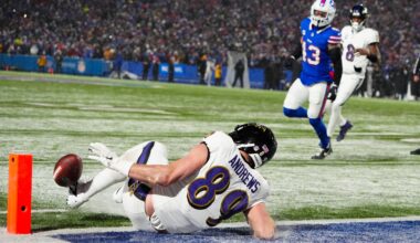 Baltimore Ravens tight end Mark Andrews (89) drops a pass on a two-point conversion late in the fourth quarter against the Buffalo Bills in a 2025 AFC divisional round game at Highmark Stadium.