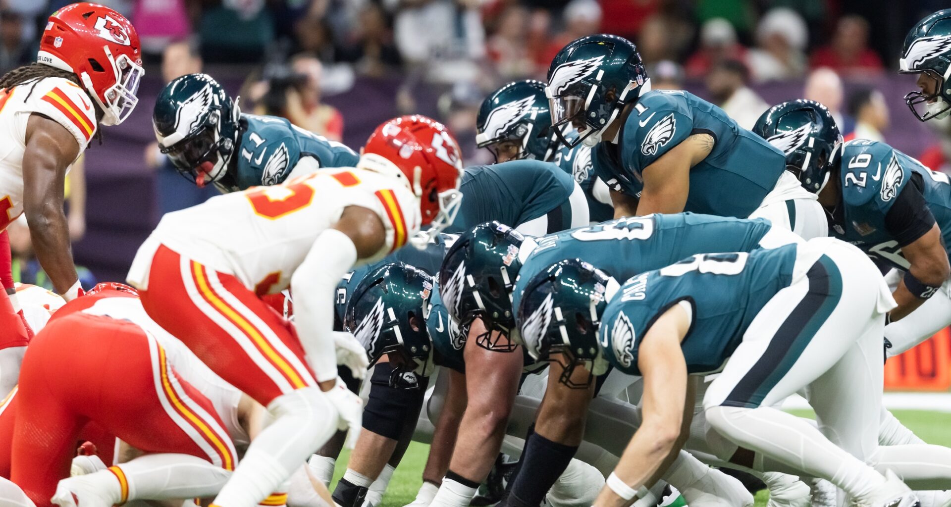 Philadelphia Eagles quarterback Jalen Hurts (1) lines up for the tush push play on the goal line against the Kansas City Chiefs during Super Bowl LIX at Ceasars Superdome.