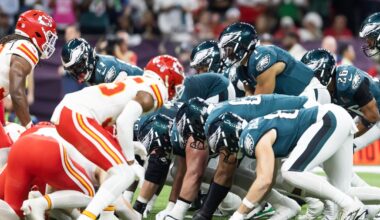 Philadelphia Eagles quarterback Jalen Hurts (1) lines up for the tush push play on the goal line against the Kansas City Chiefs during Super Bowl LIX at Ceasars Superdome.