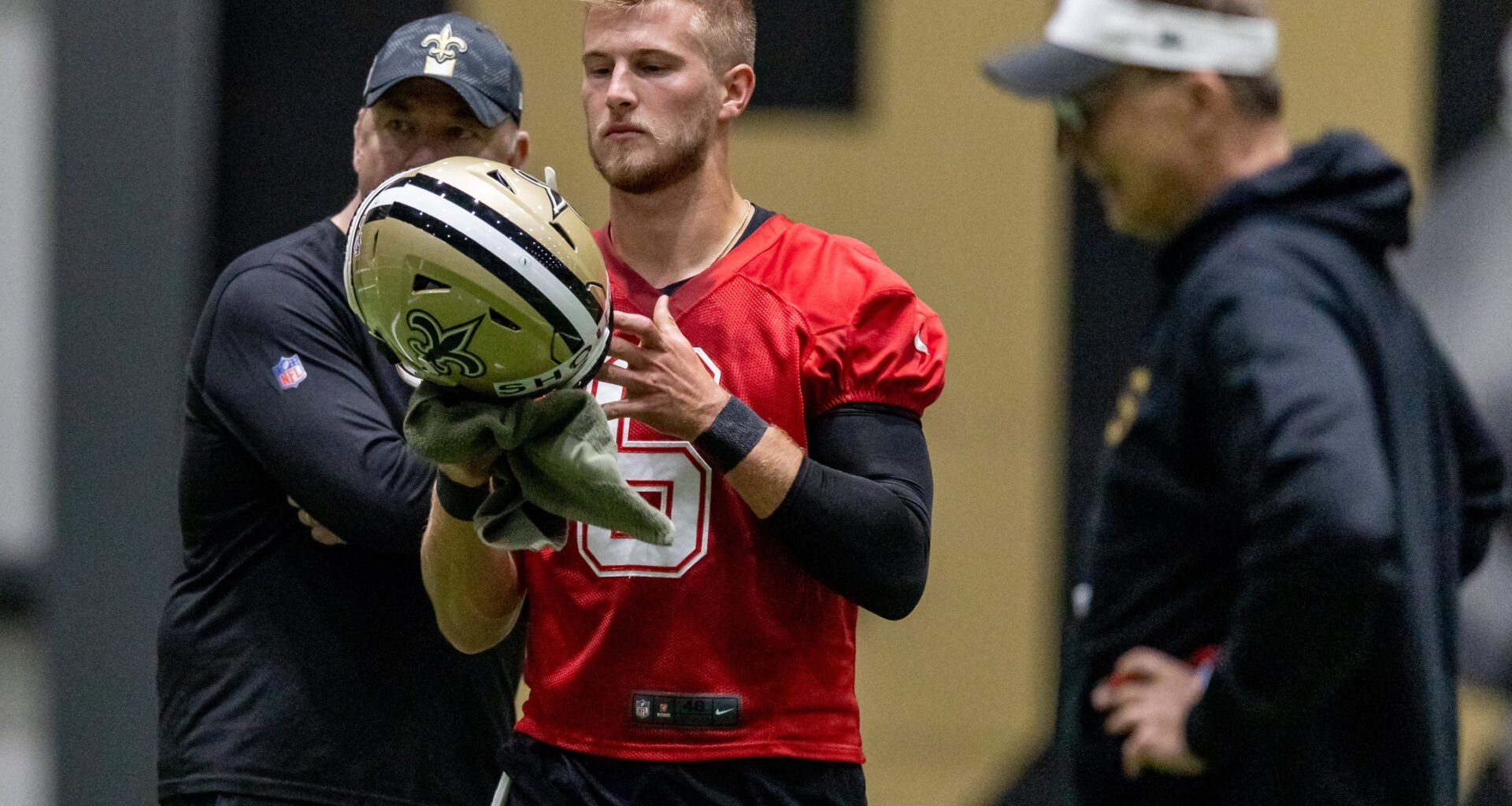 May 10, 2025; New Orleans, LA, USA; New Orleans Saints quarterback Tyler Shough (6) during rookie minicamp at Ochsner Sports Performance Center.
