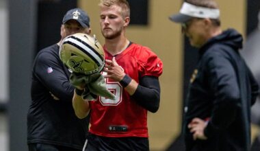 May 10, 2025; New Orleans, LA, USA; New Orleans Saints quarterback Tyler Shough (6) during rookie minicamp at Ochsner Sports Performance Center.