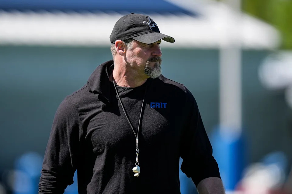 Detroit Lions head coach Dan Campbell watches practice during rookie mini camp at Meijer Performance Center in Allen Park on Friday, May 9, 2025.
