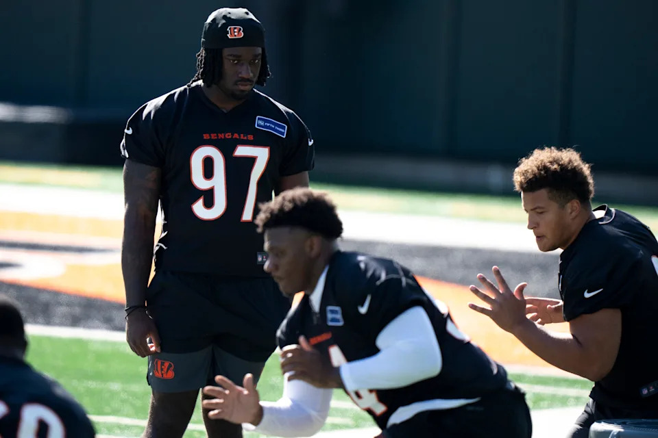 First round pick Shemar Stewart (97), and second round pick Demetrius Knight,  were spectators at the Bengals rookie minicamp Friday while their contracts were being negotiated.