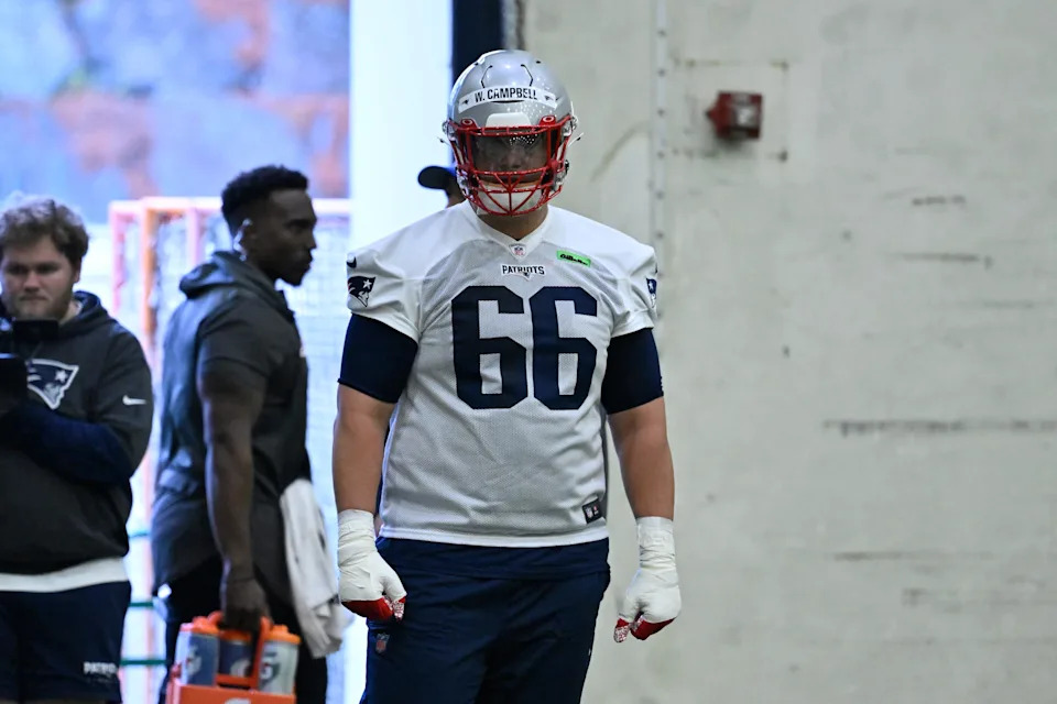 May 9, 2025; Foxborough, MA, USA; New England Patriots offensive tackle Will Campbell (66) waits to do a drill during rookie camp at Gillette Stadium. Mandatory Credit: Eric Canha-Imagn Images