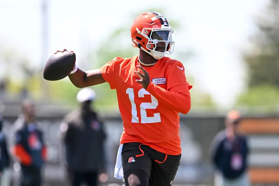 The Browns’ QB room includes Shedeur Sanders (12), Dillon Gabriel, Deshaun Watson, Joe Flacco and Kenny Pickett. Getty Images