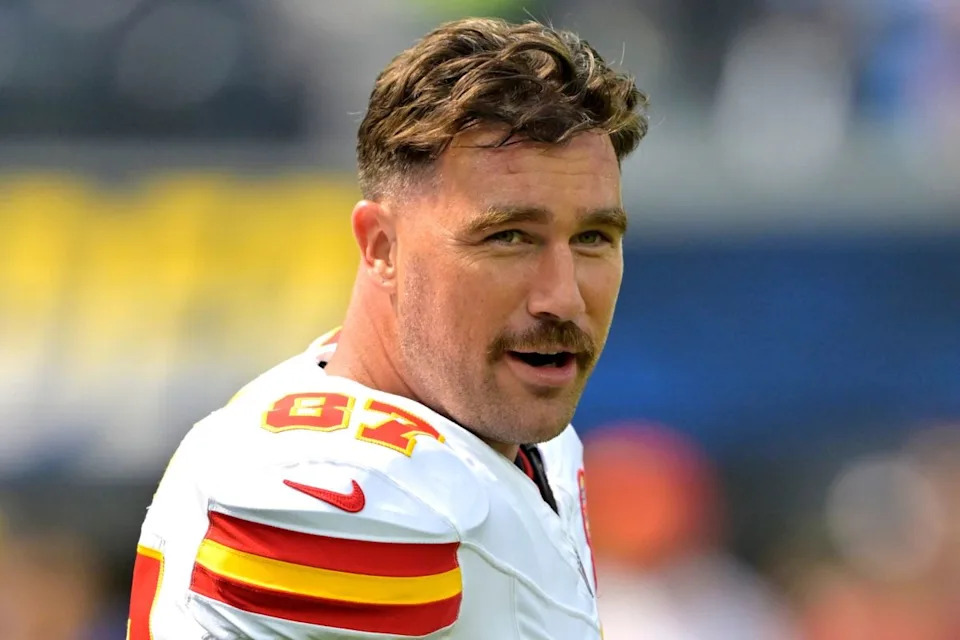 Kansas City Chiefs tight end Travis Kelce (87) looks on prior to the game against the Los Angeles Chargers at SoFi Stadium.Jayne Kamin-Oncea-Imagn Images
