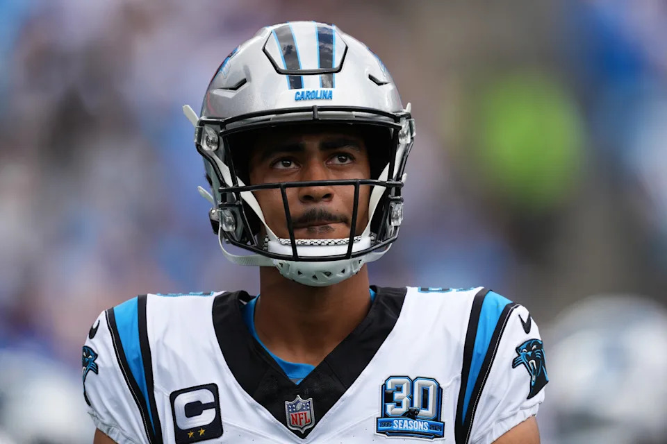 CHARLOTTE, NORTH CAROLINA - SEPTEMBER 15: Quarterback Bryce Young #9 of the Carolina Panthers looks on during the first quarter against the Los Angeles Chargers at Bank of America Stadium on September 15, 2024 in Charlotte, North Carolina. (Photo by Grant Halverson/Getty Images)