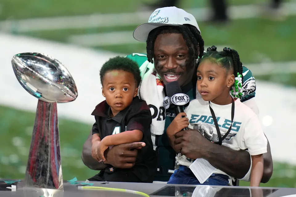 AJ Brown does an interview after the Eagles' Super Bowl LIX win over the Chiefs. © Kirby Lee-Imagn Images