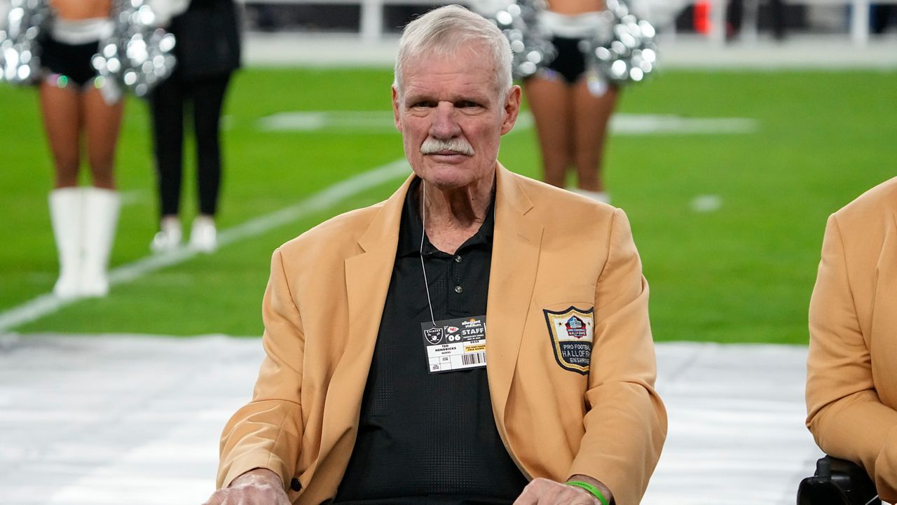 Las Vegas Raiders Hall of Famer Ted Hendricks during the second half of an NFL football game against the Kansas City Chiefs, Sunday, Nov. 14, 2021, in Las Vegas.