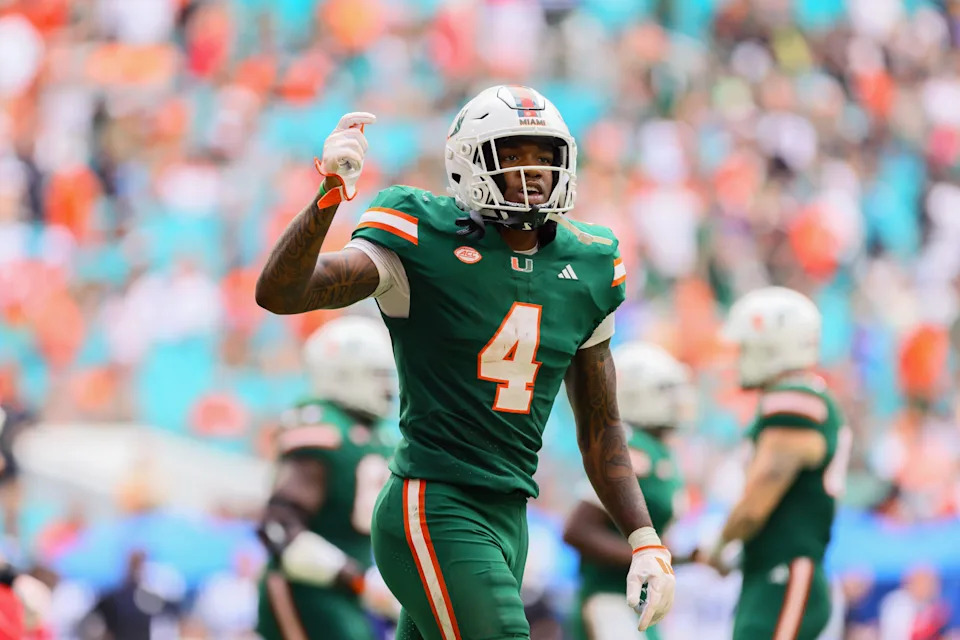 Nov 2, 2024; Miami Gardens, Florida, USA; Miami Hurricanes running back Mark Fletcher Jr. (4) celebrates after scoring a touchdown against the Duke Blue Devils during the fourth quarter at Hard Rock Stadium. Mandatory Credit: Sam Navarro-Imagn Images