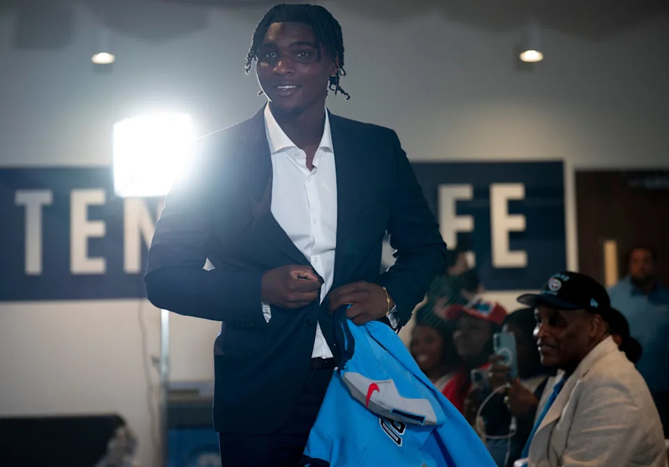 Cam Ward is introduced as the Tennessee Titans first-round pick – and overall number one pick – in the NFL Draft at Ascension Saint Thomas Sports Park in Nashville, Tenn., Friday, April 25, 2025.