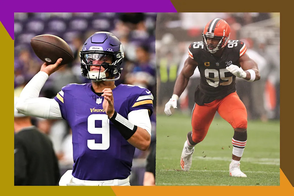 Minnesota Vikings quarterback J.J. McCarthy (L) and Cleveland Browns star Myles Garrett are meeting at London's Tottenham Hotspur Stadium in October 2025.