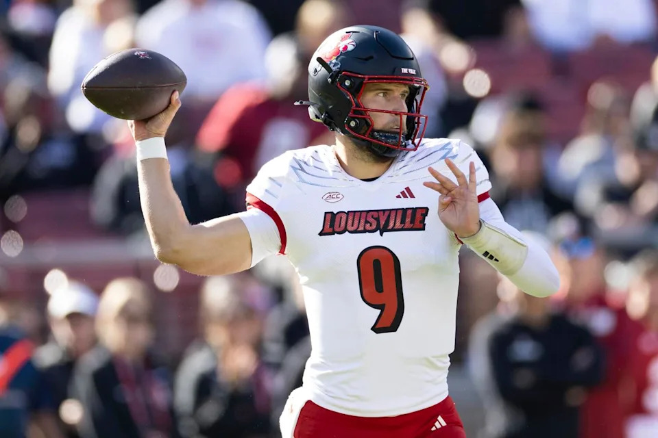 Louisville quarterback Tyler Shough sets up in the pocket to make a pass.