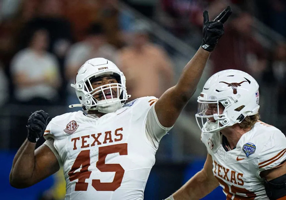Texas Longhorns defensive lineman Vernon Broughton (45) celebrates a quarterback sack against the Ohio State Buckeyes. © Sara Diggins/American-Statesman / USA TODAY NETWORK via Imagn Images