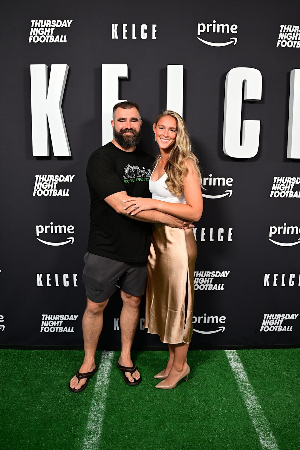 Jason Kelce and his wife, Kylie Kelce, at the premiere of Kelce, an Prime Video documentary about the family, in 2023.