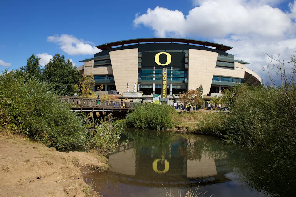 Sep 3, 2016; Eugene, OR, USA; General view of Autzen Stadium from across the bike bridge before the game against UC Davis Aggies at Autzen Stadium. Mandatory Credit: Scott Olmos-USA TODAY Sports