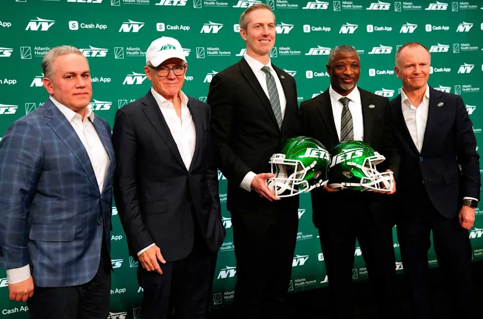 New York Jets President, Hymie Elhai, owner, Woody Johnson, general manager, Darren Mougey, head coach, Aaron Glenn and vice chairman, Christopher Johnson, pose for a photographKevin R&period; Wexler-NorthJersey&period;com &sol; USA TODAY NETWORK via Imagn Images