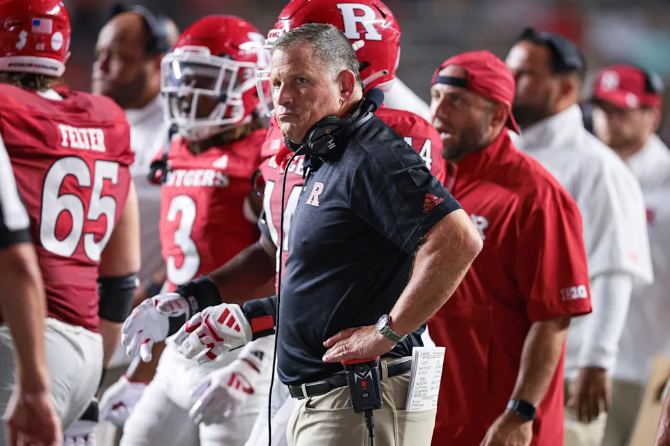 Aug 29, 2024; Piscataway, New Jersey, USA; Rutgers Scarlet Knights head coach Greg Schiano looks on during the second half against the Howard Bison at SHI Stadium. Mandatory Credit: Vincent Carchietta-USA TODAY Sports