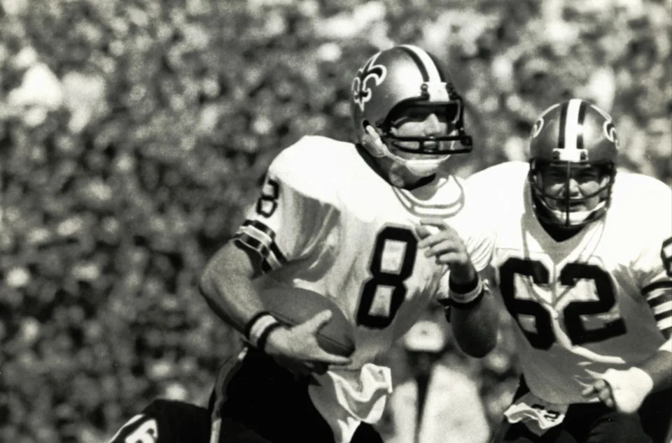 Oct 2, 1977; Chicago, IL; FILE PHOTO: New Orleans Saints quarterback Archie Manning (8) in action against the Chicago Bears at Soldier Field. The Saints beat the Bears 42-24. Mandatory Credit: Malcolm Emmons-USA TODAY Sports
