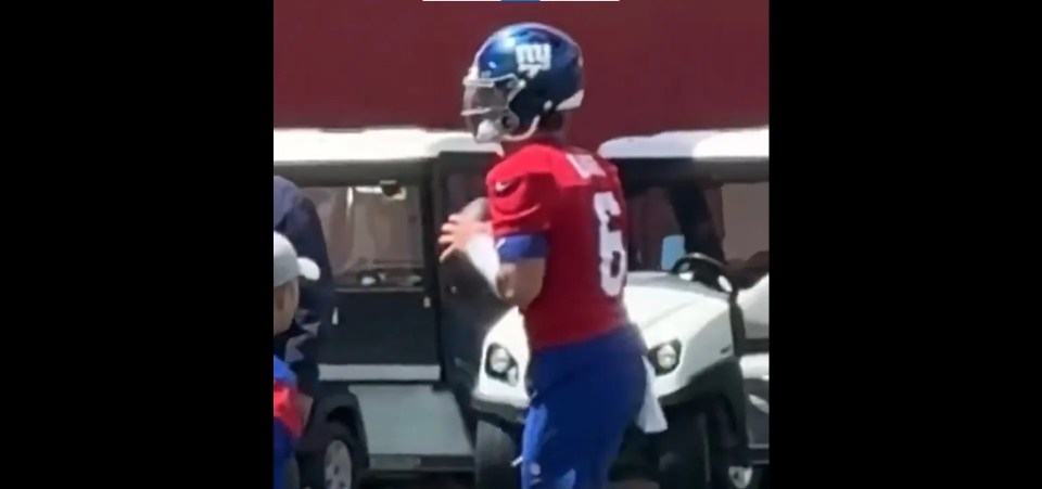 Football player in uniform holding a football.