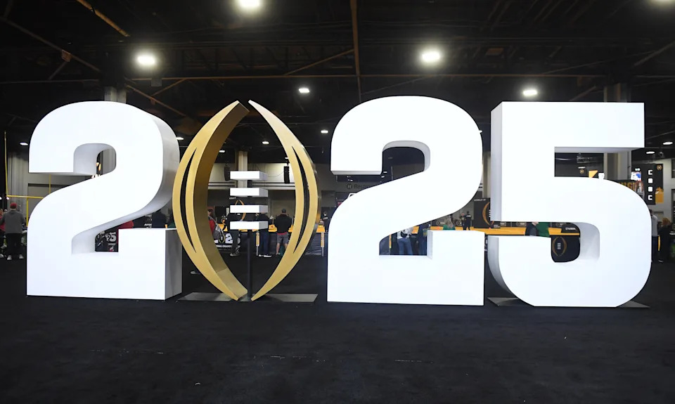 ATLANTA, GEORGIA - JANUARY 18: A detailed view of the 2025 College Football Playoff National Championship logo on display at 2025 CFP National Championship Playoff Fan Central at Georgia World Congress Center on January 18, 2025 in Atlanta, Georgia. (Photo by Paras Griffin/Getty Images)