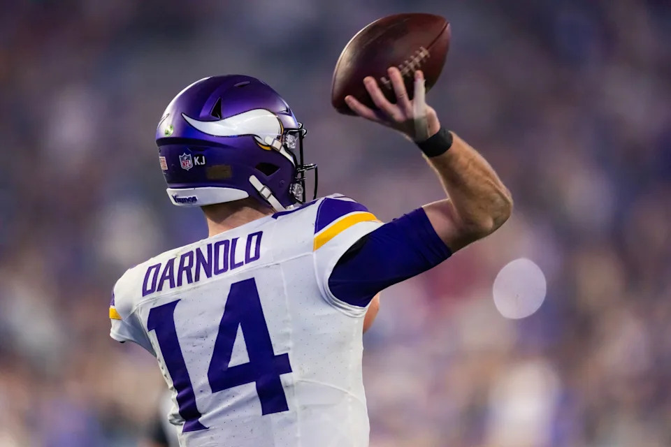 Jan 13, 2025; Glendale, AZ, USA; Detailed view of the jersey of Minnesota Vikings quarterback Sam Darnold (14) against the Los Angeles Rams during an NFC wild card game at State Farm Stadium. Mandatory Credit: Mark J. Rebilas-Imagn Images