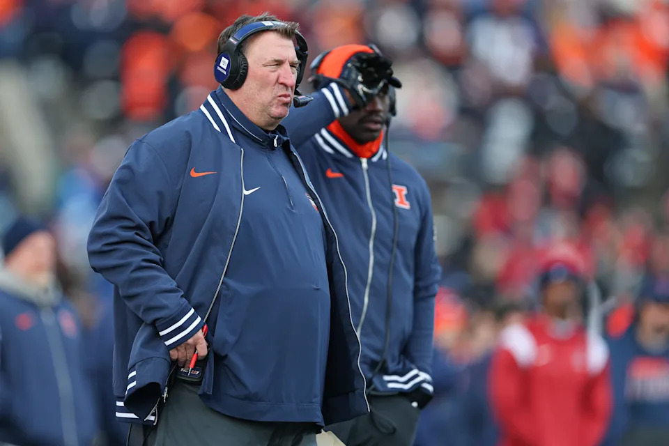 Nov 23, 2024; Piscataway, New Jersey, USA; Illinois Fighting Illini head coach Bret Bielema looks on during the second half against the Rutgers Scarlet Knights at SHI Stadium. Mandatory Credit: Vincent Carchietta-Imagn Images
